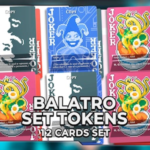 Puede incluir: Un conjunto de 12 fichas de Balatro. Las cartas presentan ilustraciones pixeladas de comodines y comida. Las cartas son en tonos de rojo, azul y gris. El texto en las cartas incluye "JOKER", "COPY" y "FOOD".