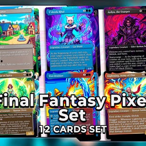 May include: A set of 12 Final Fantasy Pixel trading cards. The cards feature colorful illustrations of characters and landscapes, with text descriptions. The set includes cards like "Starting Town", "Y'shtola Rhul", and "Ardyn, the Usurper".