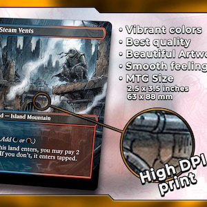 Puede incluir: Una carta de Magic: The Gathering con la ilustraci&oacute;n "Steam Vents" y "Land - Island Mountain". La carta tiene colores vibrantes y un tacto suave. Mide 6,35 x 8,89 cm. La imagen tambi&eacute;n destaca la impresi&oacute;n de alta resoluci&oacute;n.