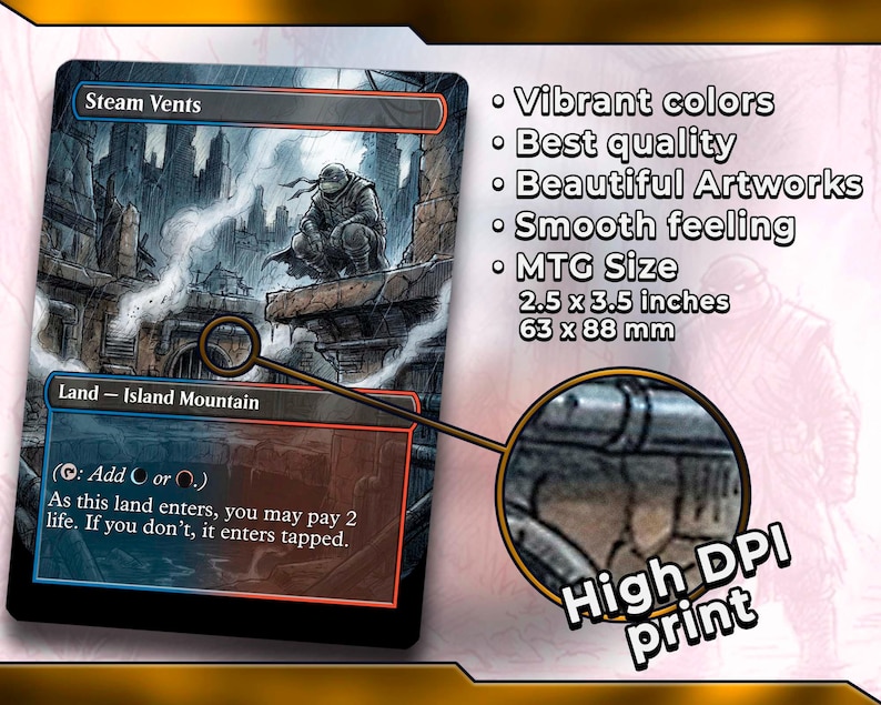 Puede incluir: Una carta de Magic: The Gathering con la ilustraci&oacute;n "Steam Vents" y "Land - Island Mountain". La carta tiene colores vibrantes y un tacto suave. Mide 6,35 x 8,89 cm. La imagen tambi&eacute;n destaca la impresi&oacute;n de alta resoluci&oacute;n.