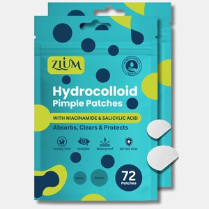 May include: Two packets of ZLUM Hydrocolloid Pimple Patches. The teal packaging displays the product name, key ingredients, and benefits. The patches are cruelty-free, invisible, waterproof, and offer all-day grip. Each pack contains 72 patches in 8mm and 12mm sizes.
