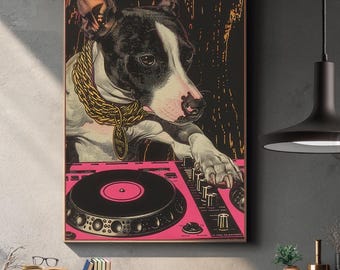 Dog DJ Pop Art Print, Retro Music Studio Decor (Digital Download)