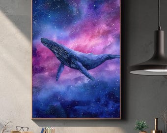 Cosmic Whale Watercolor Print, Galaxy Ocean Wall Art (Digital Download)