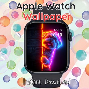 Könnte beinhalten: Schwarze Apple Watch mit digitalem Hintergrundbild, das eine Neon-Illustration eines Hundes zeigt, der hinter einer Backsteinmauer hervorlugt. Das Zifferblatt zeigt die Uhrzeit und das Datum. Die Wörter "Apple Watch Wallpaper" und "Instant Download" sind ebenfalls sichtbar.
