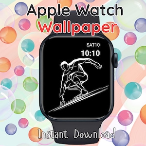 以下が含まれることがあります： 黒いApple Watch、黒いバンド付き。サーファーの白い線画が表示されています。文字盤には10:10とSAT10が表示されています。「Apple Watch Wallpaper」と「Instant Download」の文字も含まれています。