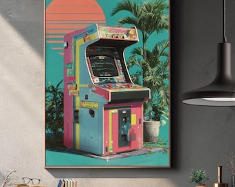 Retro Arcade Wall Art, stampa di palme al neon Vaporwave (download digitale)