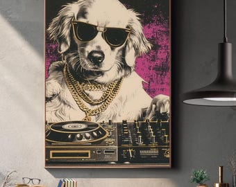 DJ Dog Art Print, Retro Pop Art, Music Studio Decor (Digital Download)