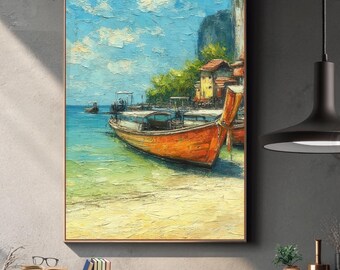 Impresión de un barco de cola larga: Arte de un pueblo playero tropical (Descarga digital)