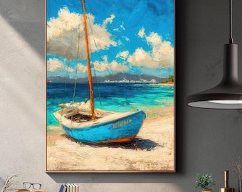 Blue Boat Beach Print, Mediterranean Coastal Wall Art (Digital Download)