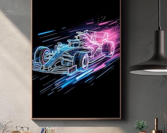 May include: A framed artwork featuring a neon-style illustration of a Formula 1 race car. The car is outlined in blue and pink, with streaks of light suggesting speed against a black background. The artwork is displayed in a room with a wooden shelf.