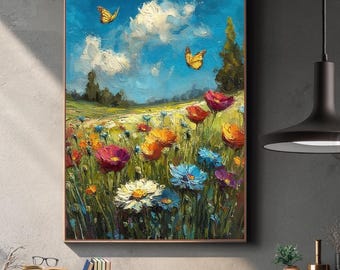 Butterfly Meadow Print, Colorful Floral Field, Oil Painting Effect (Digital Download)