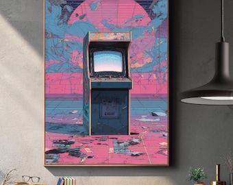 Cyberpunk Arcade Wand Kunst, Retro Synthwave Poster (Digitaler Download)