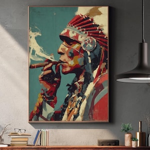 May include: A framed art print depicts a Native American man smoking a cigar. The artwork features a profile view with a headdress, and is rendered in a vintage style with a teal background and a brown frame.