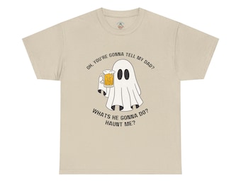 Camiseta unisex de algodón grueso con temática de comedia de Dead Dad, para uso diario, con un fantasma bebedor sarcástico.