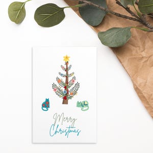 Innocent Cats Stylish Christmas card with flower tree and cats postcard – Merry Christmas for cat lovers