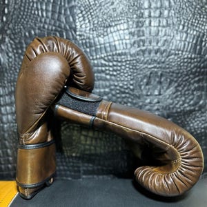Puede incluir: Un par de guantes de boxeo de cuero marrón. Los guantes son de un marrón oscuro con detalles negros en la muñeca y las costuras. El cuero texturizado sugiere durabilidad. Diseñados para la protección y absorción de impactos durante el entrenamiento o la competición.