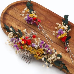 Wildblumen Haarkamm, Bunte Trockenblumen, Braut Haar und Hochzeit Schmuck