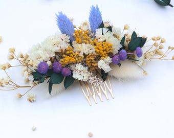 Baby Blue Bridal Dried Flower Comb, Wedding Headpiece, Bride Hair Accessories