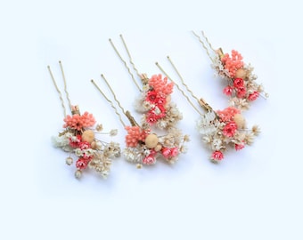 Rosa Braut getrocknete Blumen Haarnadeln, weiße Schleierkraut Blumen, handgemachte Blumen Accessoires
