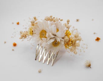 Piccolo pettine per capelli con margherite e gipsofila, fiori secchi gialli, copricapo floreale da sposa, accessori per matrimonio