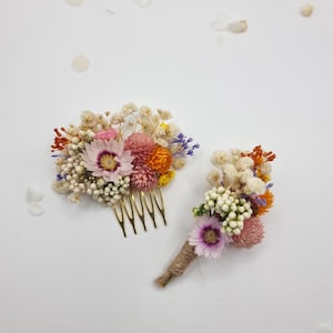 Haarkam met madeliefjes en gipskruid, gele gedroogde bloemen, bruidsbloemenhoofdtooi, trouwaccessoires Comb + Boutonniere