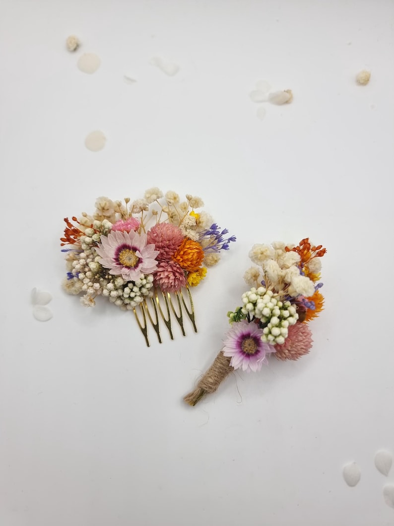 Haarkam met madeliefjes en gipskruid, gele gedroogde bloemen, bruidsbloemenhoofdtooi, trouwaccessoires Comb + Boutonniere