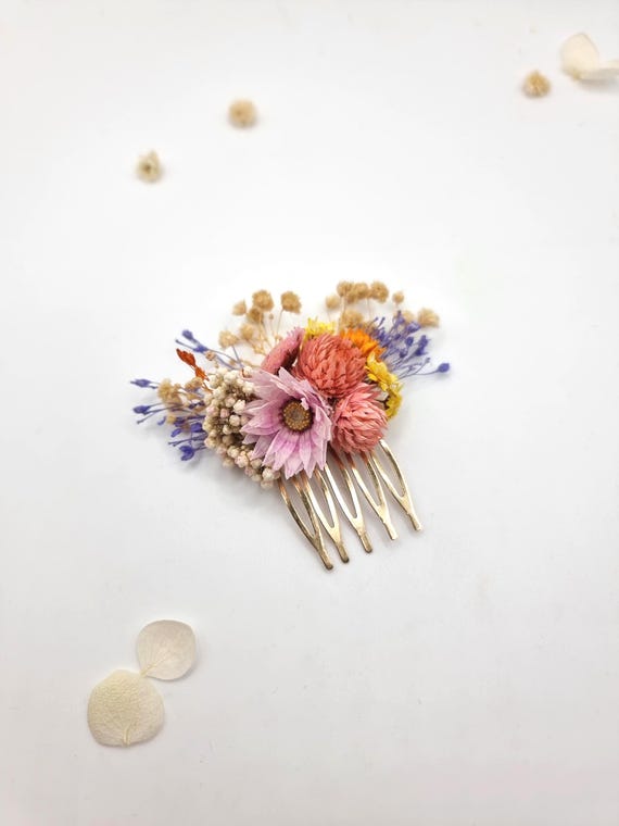 Daisies and Gypsophila Small Hair Comb Yellow Dried Flowers, Bridal Floral Headpiece, Wedding Accessories