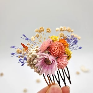 Op de afbeelding: Een haarkam met een boeketje gedroogde bloemen in roze, oranje, gele en blauwe tinten, geaccentueerd met kleine witte en beige takjes. Het decoratieve arrangement is bevestigd op een donkerbruine, meertandige haarkam van kunststof.