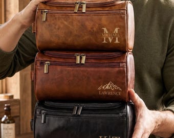 Personalized Leather Toiletry Bag for Men, Monogrammed Travel Organizer for Grooming Essentials, Groomsmen Gift, Valentine's Day Gift