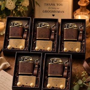 Engraved Leather Flask& Lighter Set - Personalized Groomsmen Wedding Gift, Refillable Vintage Style, Unique Father’s Day/Birthday Gift