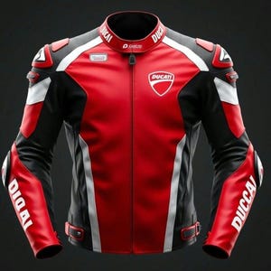 Puede incluir: Chaqueta de moto de cuero roja, negra y blanca con el logotipo de Ducati en el pecho. La chaqueta presenta rayas blancas en los hombros y las mangas, y la palabra "DUCATI" est&aacute; impresa en el cuello y las mangas.