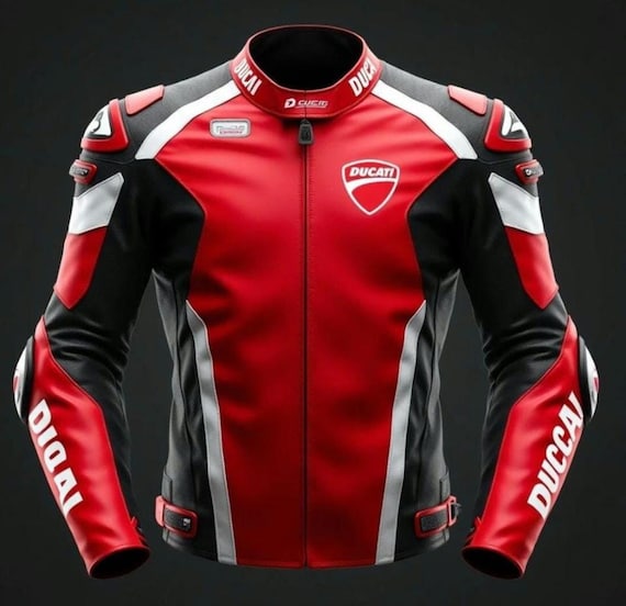 Red Black and White Ducati MotoGP Inspired Motorcycle Racing Leather Jacket