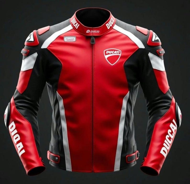 Puede incluir: Chaqueta de moto de cuero roja, negra y blanca con el logotipo de Ducati en el pecho. La chaqueta presenta rayas blancas en los hombros y las mangas, y la palabra "DUCATI" est&aacute; impresa en el cuello y las mangas.