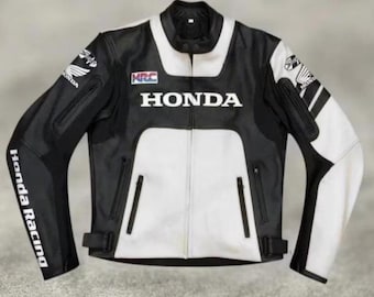 Honda Motorbike Black and White  CowHide Leather Jacket, Bikers Racing Motorcycle Jacket