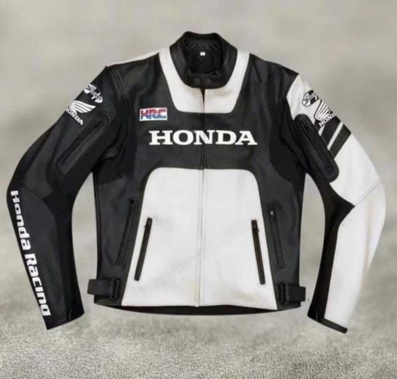 Honda Motorbike Black and White Cowhide Leather Jacket, Bikers