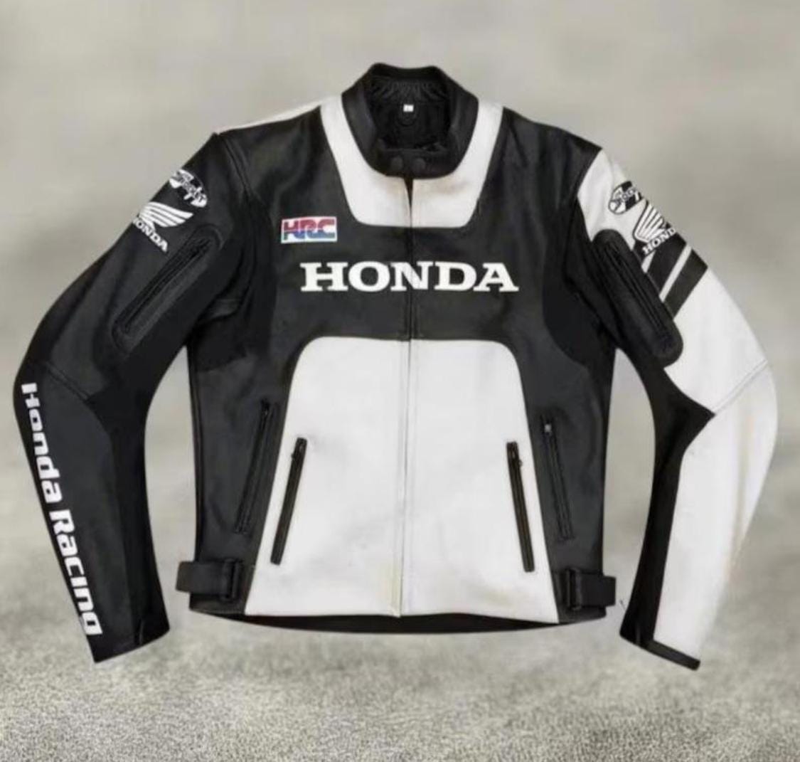 Honda Motorbike Black and White Cowhide Leather Jacket, Bikers
