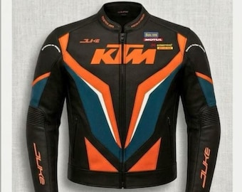 Chaqueta de moto KTM Duke Racing negra y naranja, azul con detalles. Equipo de protección.