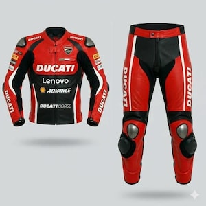 Może przedstawiać: Czerwono-czarny zestaw kurtki i spodni wyścigowych Ducati. Kurtka posiada białe akcenty, logo sponsorów i logo Ducati. Spodnie są czerwone z czarnymi panelami i marką Ducati. Widoczne są ochraniacze kolan.