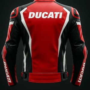 Puede incluir: Chaqueta de moto Ducati roja, negra y blanca. La parte trasera de la chaqueta presenta el logotipo de Ducati en letras blancas grandes. La chaqueta tiene mangas negras con detalles blancos y el logotipo de Ducati en las mangas.