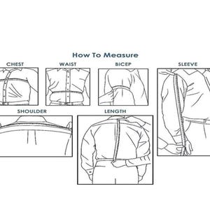 Puede incluir: Diagrama que ilustra c&oacute;mo medir el pecho, la cintura, el b&iacute;ceps, el hombro, el largo y la manga. El texto "How To Measure" est&aacute; en la parte superior. Cada medida se muestra con una persona que lleva una camisa abotonada.