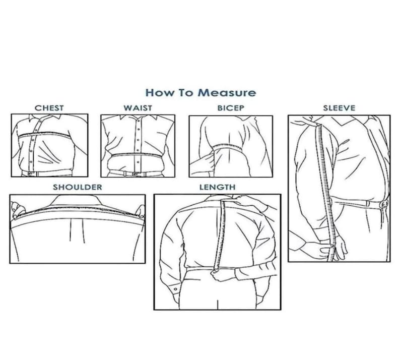 Puede incluir: Diagrama que ilustra c&oacute;mo medir el pecho, la cintura, el b&iacute;ceps, el hombro, el largo y la manga. El texto "How To Measure" est&aacute; en la parte superior. Cada medida se muestra con una persona que lleva una camisa abotonada.