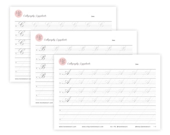 May include: Three white calligraphy copy sheets with the text "Calligraphy Copysheets" and practice letters A, B, and C. The sheets have dotted lines for guidance and the website address www.kalomakeart.com.