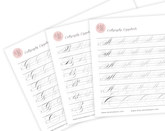 May include: Three printable calligraphy practice sheets featuring the letters A, B, and C. Each sheet has multiple lines for practicing the letter in cursive. The sheets are titled "Calligraphy CopySheets" and include the website address "www.kalomakeart.com".