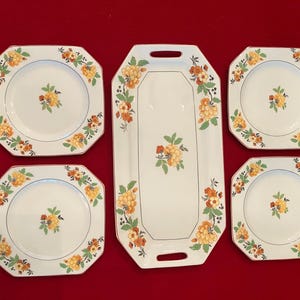 Art Deco Vintage Floral Sandwich/Snack Tray with 4 Plates, Myott Son & Co. Staffordshire England