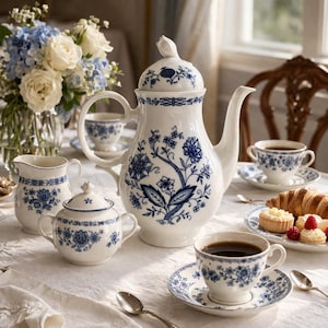 May include: A white porcelain tea set with blue floral designs, including a teapot, sugar bowl, creamer, and teacups on saucers. The set is arranged on a white tablecloth, with a bouquet of blue and white flowers in the background.