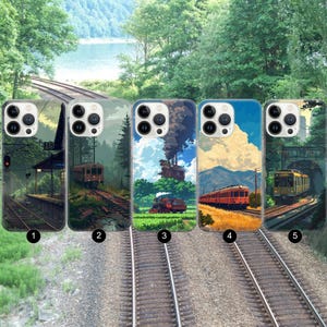 Può includere: Cinque custodie per telefono con opere d'arte a tema treno. Ogni custodia presenta una scena ferroviaria diversa, tra cui treni sui binari, stazioni e paesaggi. Le custodie hanno un bordo trasparente e sono progettate per uno smartphone.