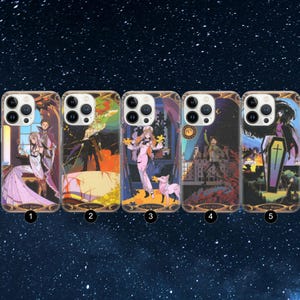 May include: Five phone cases with distinct illustrations. Each case showcases a different design, featuring characters and scenes with a gothic or fantasy theme. The cases have a gold-coloured border and are set against a starry background.