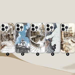 May include: Five phone cases with architectural sketches. Each case features a different black and white drawing of buildings, arches, and staircases. The cases are white with a black camera lens cutout.