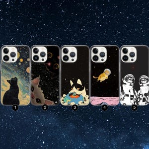 May include: Five phone cases with unique designs against a starry background. The cases feature illustrations of cats in space, a black cat, and astronauts. The cases are black and have a glossy finish, perfect for protecting your phone.