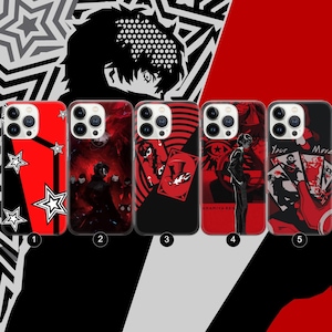 Könnte beinhalten: Fünf Handyhüllen mit roten und schwarzen Designs. Die Hüllen zeigen verschiedene Grafiken, darunter Sterne, Charakterillustrationen und Spielkartenmotive. Die Hüllen sind von 1 bis 5 nummeriert.